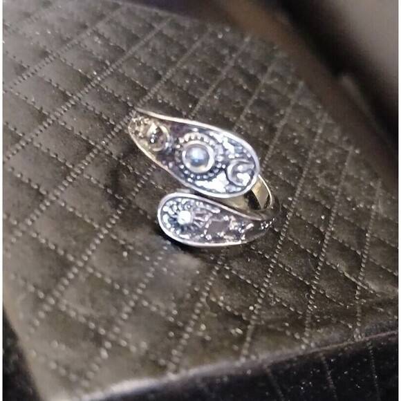 Adjustable Antique Silver Sun Moon Stone Spoon Ring Celestial - Picture 2 of 6